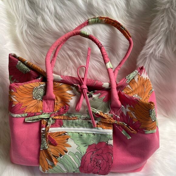 NWOT Caribbean Joe hot pink canvas with tropical prints beach tote . - Picture 11 of 13